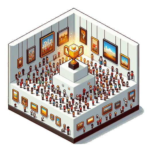 Retro 8-bit isometric view of an art community in a gallery with a lot of paintings and a trophy in the middle
